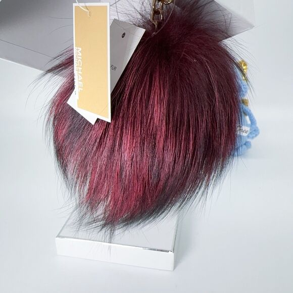 Michael Kors Large Fox Fur Pom Pom In Mulberry Gold Hardware Keychain Box Charms - Picture 4 of 5
